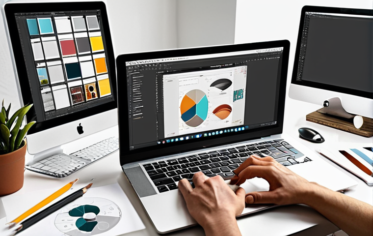 **Digital Design Importance**: Create an image showcasing a modern workspace filled with digital design tools, such as a computer with graphic design software open, color palettes, and sketches. Include a designer actively working on a branding project, emphasizing the significance of visual elements in marketing.