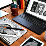 **Prompt:** A graphic designer's workspace featuring a blend of traditional and digital tools (sketchbook, tablet, computer). The designer is experimenting with different mediums, surrounded by art books and various inspiring objects. The overall aesthetic is a vibrant, eclectic mix reflecting the journey of finding a unique design style.