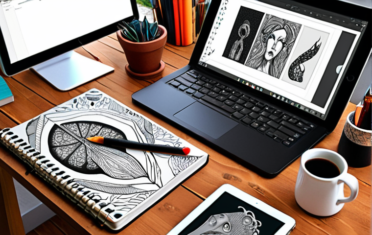 **Prompt:** A graphic designer's workspace featuring a blend of traditional and digital tools (sketchbook, tablet, computer). The designer is experimenting with different mediums, surrounded by art books and various inspiring objects. The overall aesthetic is a vibrant, eclectic mix reflecting the journey of finding a unique design style.