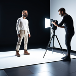 **A photographer skillfully adjusting studio lighting to highlight the textures and form of a 3D model. The setup includes various light sources, reflectors, and a professional camera on a tripod. The 3D model is a futuristic, sleek design.**