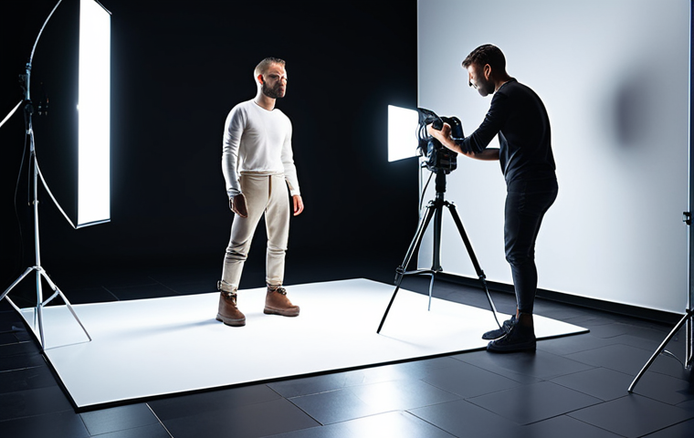 **A photographer skillfully adjusting studio lighting to highlight the textures and form of a 3D model. The setup includes various light sources, reflectors, and a professional camera on a tripod. The 3D model is a futuristic, sleek design.**
