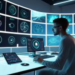 A highly focused digital artist in a modern, organized workspace, surrounded by vibrant, ethereal holographic projections representing diverse digital art specializations: a sleek UI/UX wireframe, a detailed 3D character model, dynamic motion graphics elements, and a rich game environment. A subtle, directional light highlights the artist and one specific projected discipline, symbolizing the power of specialization amidst a broad field. Clean lines, futuristic aesthetic, conceptual digital illustration.