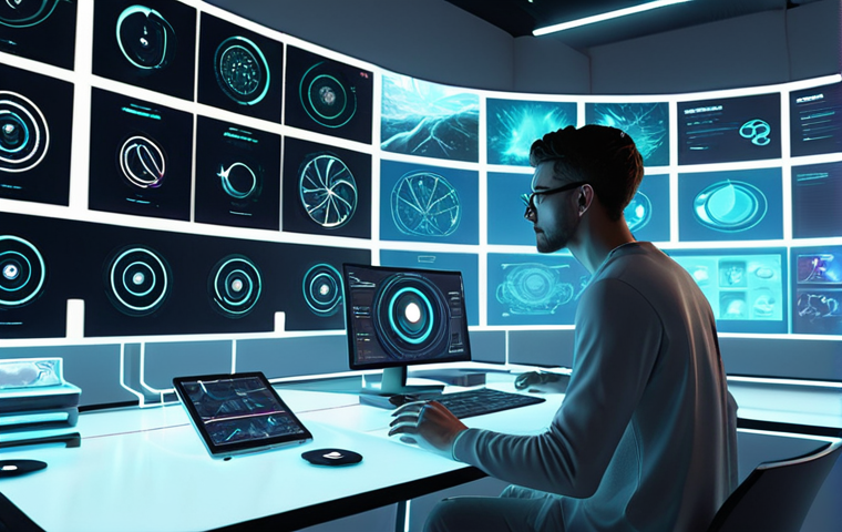 A highly focused digital artist in a modern, organized workspace, surrounded by vibrant, ethereal holographic projections representing diverse digital art specializations: a sleek UI/UX wireframe, a detailed 3D character model, dynamic motion graphics elements, and a rich game environment. A subtle, directional light highlights the artist and one specific projected discipline, symbolizing the power of specialization amidst a broad field. Clean lines, futuristic aesthetic, conceptual digital illustration.