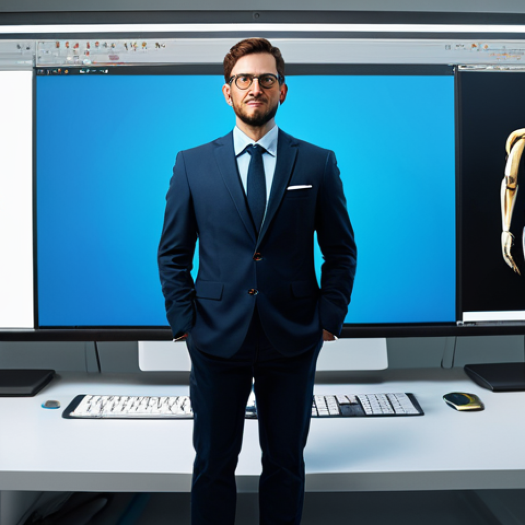 Portfolio Showcase**

A curated portfolio of a computer graphics artist displayed on a large monitor in a brightly lit studio. The portfolio highlights character models, environment art, and visual effects, demonstrating proficiency in Maya, ZBrush, and Unreal Engine. The artist, fully clothed in professional attire, stands proudly next to the display. Perfect anatomy, correct proportions, high detail, photorealistic, safe for work, appropriate content, fully clothed, professional.

**