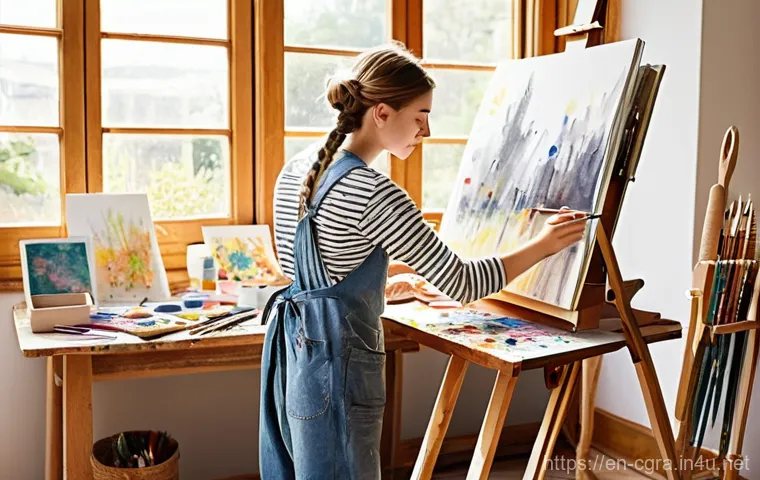 컴퓨터그래픽스운용기능사 실기 시간 관리 팁 - **Prompt:** A young female artist in her early twenties, with long, braided hair, is deeply focused ...