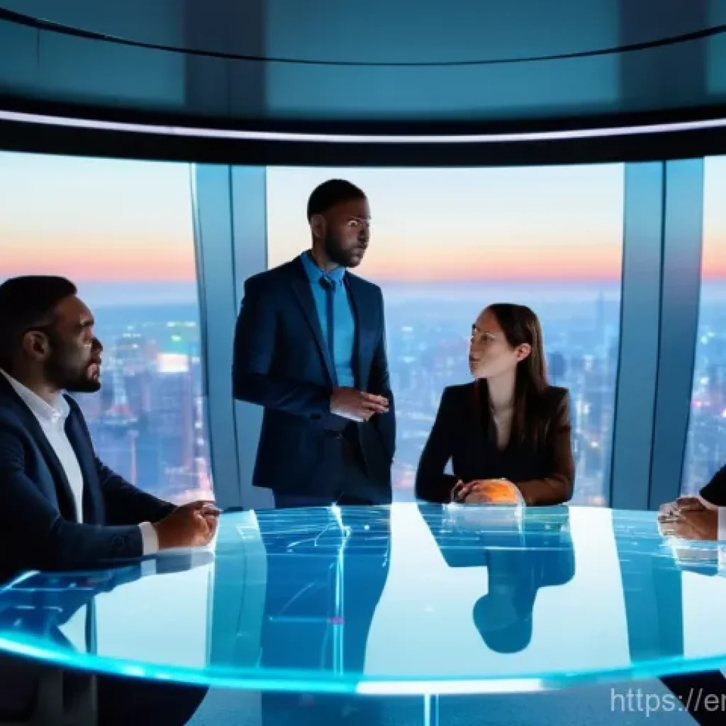 컴퓨터그래픽스운용기능사와 데이터 시각화의 융합 - **Prompt:** A dynamic, wide-angle shot of a brightly lit, futuristic business boardroom. In the cent...