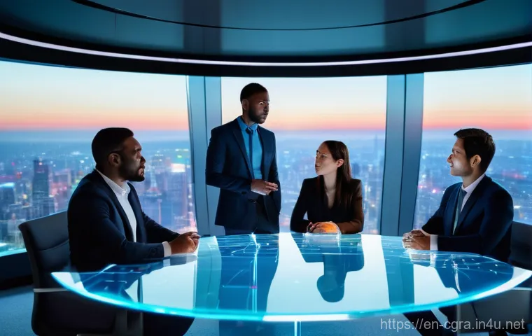 컴퓨터그래픽스운용기능사와 데이터 시각화의 융합 - **Prompt:** A dynamic, wide-angle shot of a brightly lit, futuristic business boardroom. In the cent...