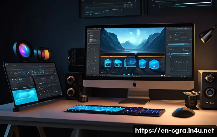 컴퓨터그래픽스운용기능사 관련 실무 기술 익히기 - A detailed digital artist’s workspace showcasing a modern computer setup with dual monitors displayi...