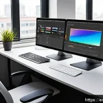 Home 19 컴퓨터그래픽스운용기능사 자격증 취득 전 확인사항 - A modern graphic design workspace featuring a clean, organized desk with dual monitors displaying Ad...