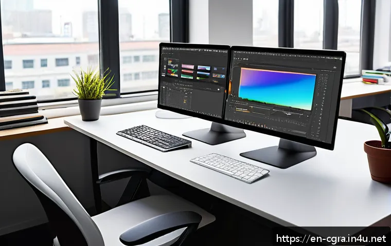 컴퓨터그래픽스운용기능사 자격증 취득 전 확인사항 - A modern graphic design workspace featuring a clean, organized desk with dual monitors displaying Ad...